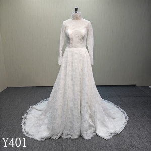 Y401 Ivory A-Line lace up back corset wedding dress with french lace for bride