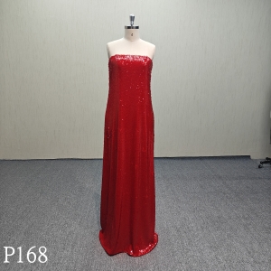 P168 Sequin design of red sleeveless evening dress