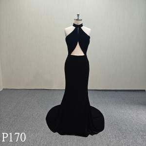 P170 Black sleeveless evening dress with neck hanging