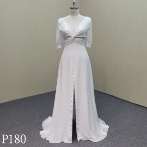 P180 A-line V-neck open back wedding dress with front slit