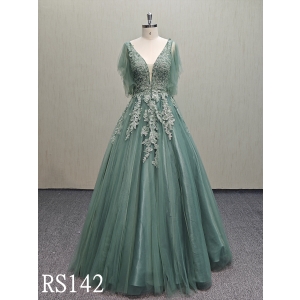 RS142 Deep V-neck elegant green A-line dress