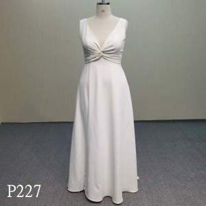 P227 Simple Deep V-Neck Pleated Open Back Wedding Dress