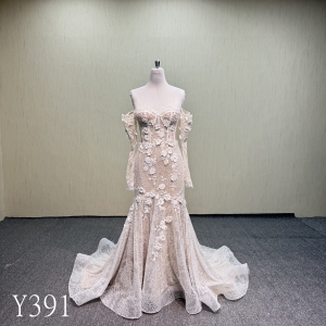 Y391 Long Sleeve Off-The-Shoulder Mermaid Wedding Dress with See-Through Back
