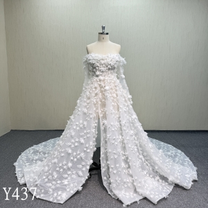 Y437 Off-the-shoulder long-sleeved 3D floral slit wedding dress