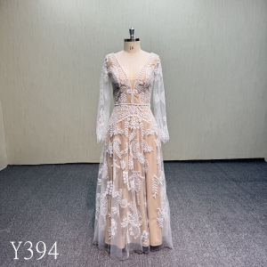Y394 Long Sleeve V-Neck Beaded Wedding Dress