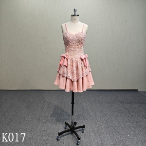 K017 Sweet pink spaghetti straps evening dress with bows