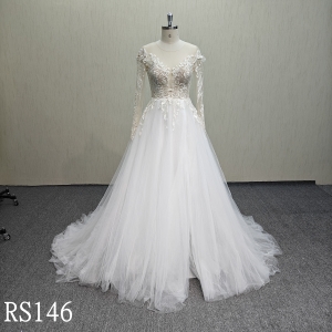 RS146 Bateau A-line Wedding Dress with illusion