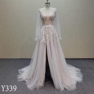 Y339 Light Pink Split Wedding Dress with Long Sleeves