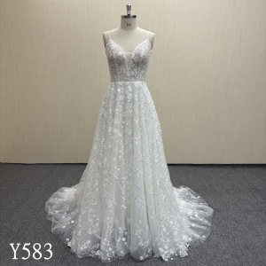 Y583 Embroidered Spaghetti Strap Wedding Dress