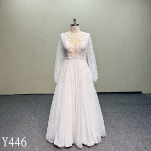 Y446 Lace wedding dress with long sleeves--cutting skirt lace specially
