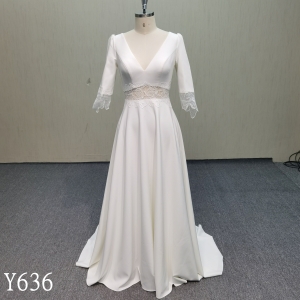 Y636 Elegant Crepe A-Line Wedding Dress with Illusion Lace Waist and Back