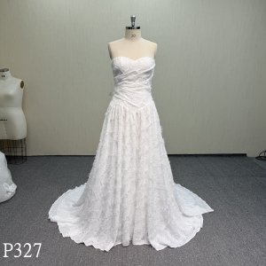 P327 Textured Jacquard Strapless A-Line Dress with Ruched Bodice and Drop Waist