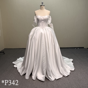 P342 Elegant Satin Ballgown Wedding Dress with Draped Off-Shoulder Sleeves