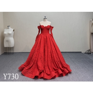 Y730 Hand-Beaded Red Lace Off-Shoulder Long Sleeve A-Line Wedding and Formal Dress