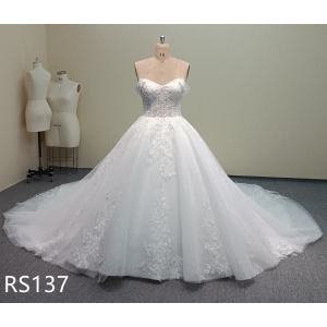 RS137 Sweetheart Off-Shoulder Lace Ballgown Wedding Dress with Cathedral Train and Corset Lace-Up Back