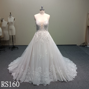 RS160 Deep V-Neck Open Back Lace Bridal Gown with Cathedral Train China Factory