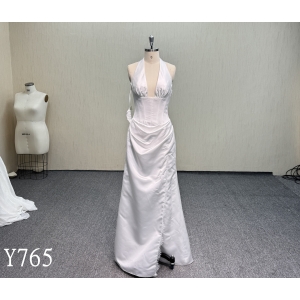 Y765 Elegant Satin Halter Deep V-Neck Backless Wedding Dress with Corset Bodice and Side Slit
