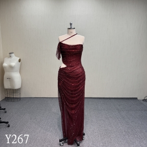 Y267 Sexy One-Shoulder Rhinestone Mesh Cut-Out Evening Dress