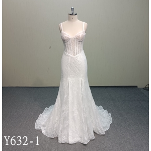 Y632-1 Spaghetti Strap French Lace Corset Wedding Dress with Cat Cups | China OEM Bridal Factory