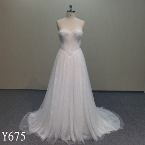 Y675-Soft Flowing A-Line Lace Hem Dress with Strapless Heart Neckline and Illusion Back