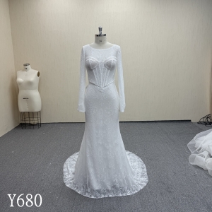 Y680 3-Piece Long Sleeve Sheer Corset Lace Mermaid Wedding Dress