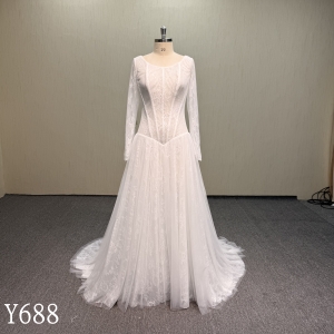 Y688 Elegant Long Sleeve Lace A-Line Wedding Dress with Basque Waist
