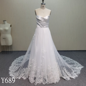 Y689 Versatile Satin Bodice Bridal Gown with Removable Floral Lace Overskirt and Sweep Train