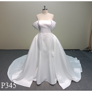 P345 2-Piece Off-the-Shoulder Draped Sleeve Satin Ballgown Wedding Dress