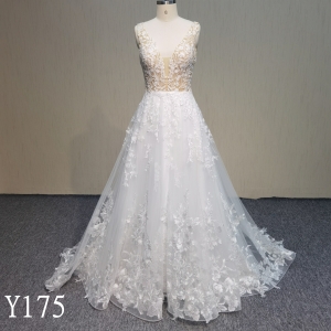 Y175 Gorgeous Deep V-Neck Sheer Lace A-Line Wedding Dress