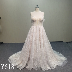 Y618-Sheer Corset Bodice Spaghetti Strap Lace Dress with Full Tulle Overlay