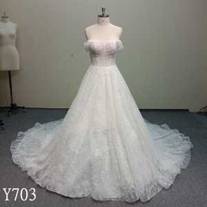 Y703 Dazzling Off-Shoulder Sparkle Tulle Princess-Cut Wedding Dress