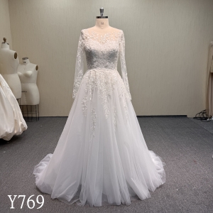 Y769 Graceful Sheer Yoke Long Sleeve Lace Wedding Dress