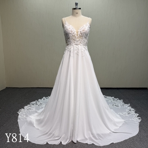 Y814 Chiffon Wedding Dress - Beaded Spaghetti Straps & Sheer Lace Back Bridal Gown