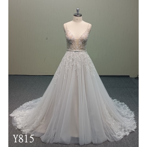 Y815 Beaded Spaghetti Strap Champagne Wedding Dress with Floral Lace Appliqué Train