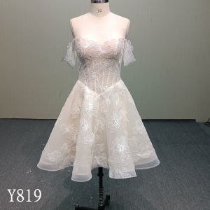 Y819 Convertible 2-Piece Wedding Dress with Beaded Off-Shoulder Lace Bodice and Detachable Satin Skirt