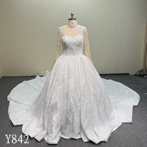 Y842 High Neck Crystal-Beaded Princess Gown with Sheer Sleeves and Corset Lace-Up Back