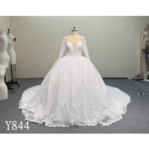 Y844 Royal Luxury Beaded Lace Ballgown with Sheer High Neck and Long Cathedral Train