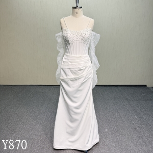 Y870 Pearl Beaded Corset Sheath Dress with Detached Tulle Flutter Sleeves