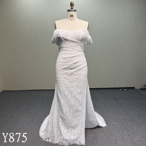 Y875 Off-Shoulder French Lace Mermaid Dress with Diagonal Ruched Bodice and Side Slit