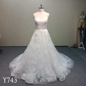 Y743 Exquisite Sheer Corset Top Organza Wedding Gown with Wide Sweeping Train