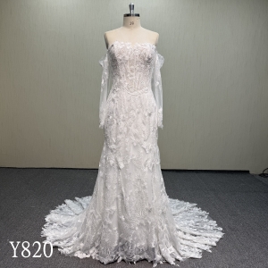 Y820 Elegant Off-Shoulder Beaded Floral Lace Mermaid Bridal Gown with Circular Lace Train