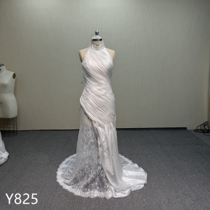 Y825 Chic Halter Neck Satin Wedding Dress with Asymmetrical Lace Overlay and Button Back