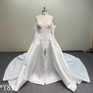 Y836 Luxury Mikado Satin Ballgown with Hand-Beaded Bodice, Center Pearls, and Front Slit