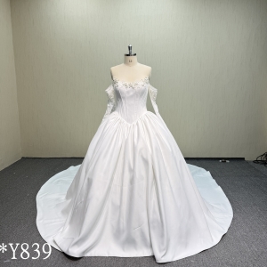 Y839 Luxurious Wide Train Mikado Satin Ballgown with Beaded Off-Shoulder Detail