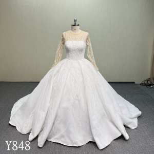 Y848 Majestic Embroidered Sheer Sleeve Ballgown with Vertical Branch Pattern and Pearl Row