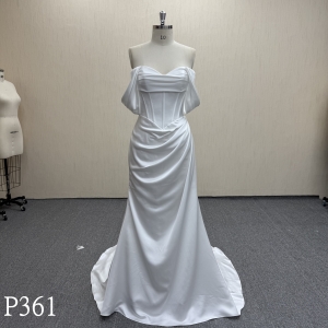 P361 Elegant Off-Shoulder Satin Mermaid Bridal Dress with Side Ruching