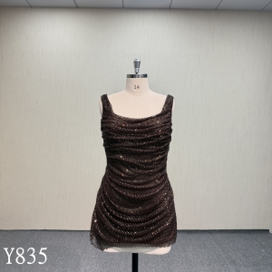 Y835 Stunning Sequin Mesh Bodycon Dress with Cowl Ruched Front and Low Corset Back