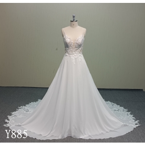 Y885 Flowy Chiffon A-Line Bridal Dress with 3D Floral Appliqué and Sheer Cathedral Train