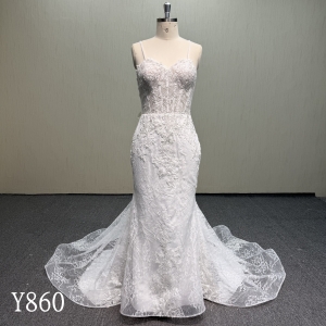 Y860 Premium Chantilly Lace Mermaid Bridal Gown with Ruched Front and Illusion Back