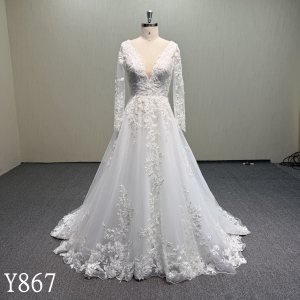 Y867  Appliqué A-Line Bridal Gown with Deep Plunge Neck and Long Sleeves